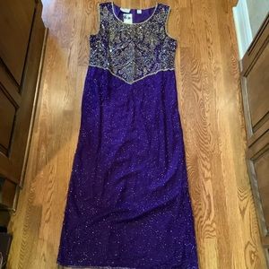 Lawerence Kazar Dress Beaded Sequin Silk Maxi Purple Gold Lined Evening Party